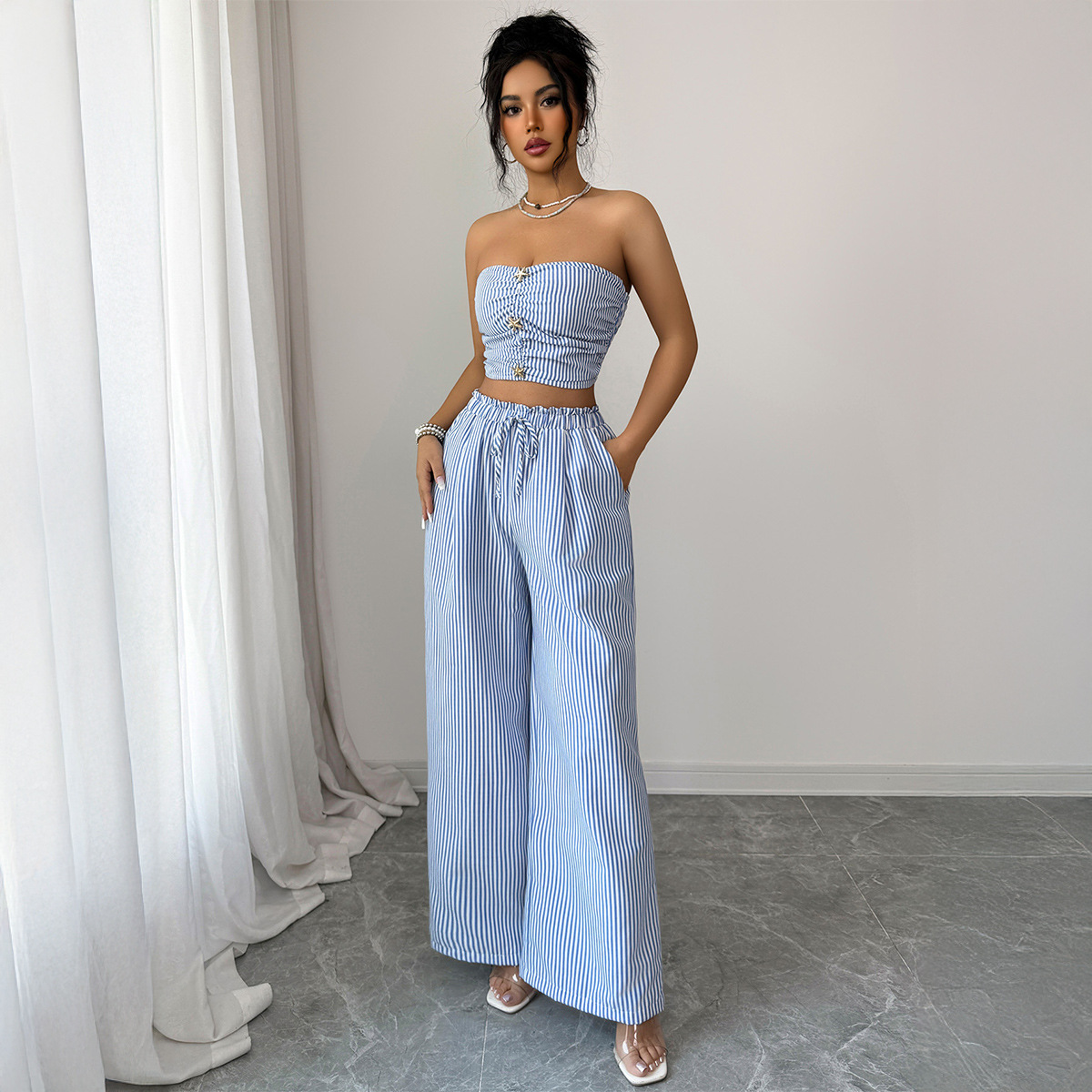 Summer Clothing Italy - Elegant Design Striped Buttoned Strapless Suit