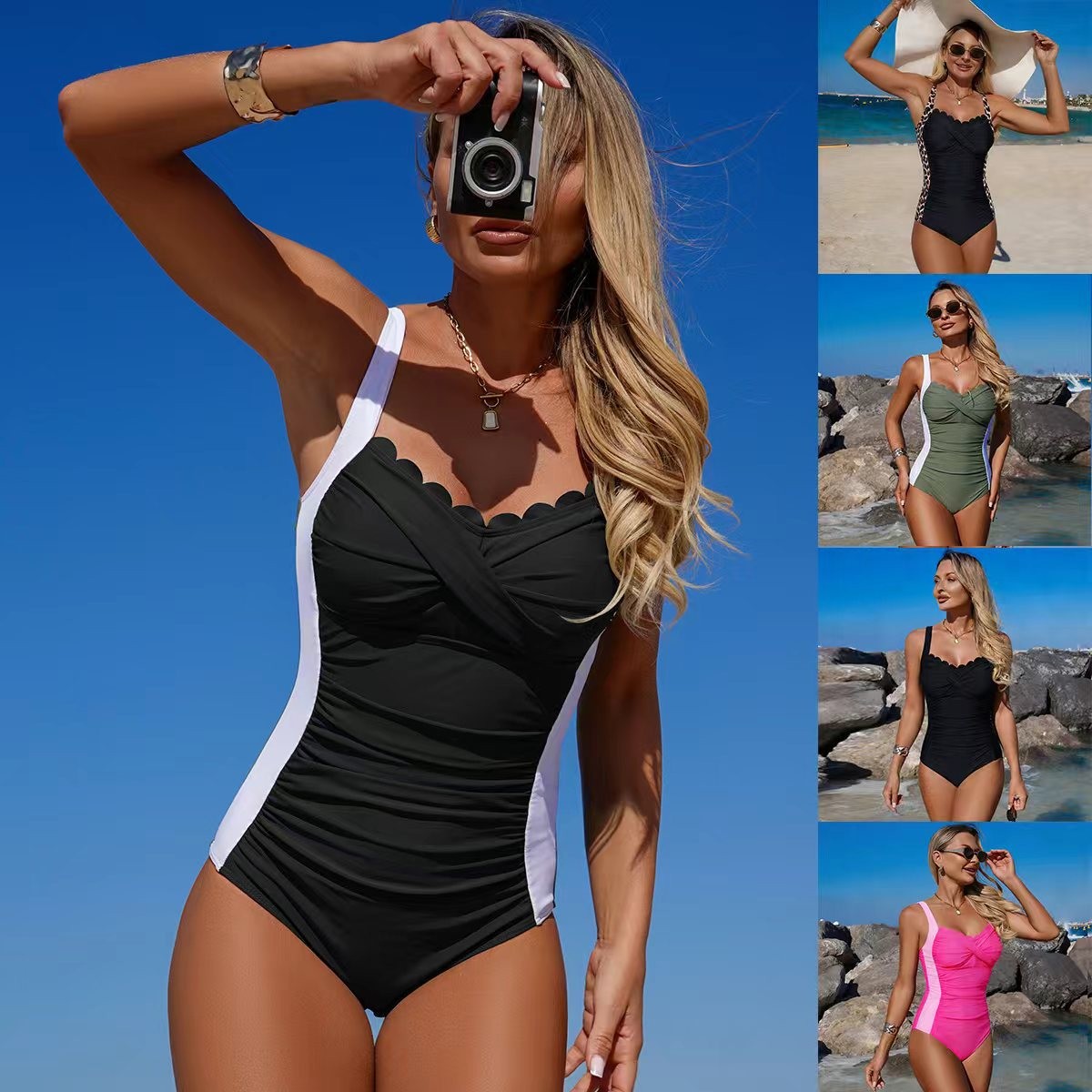Black Swimsuit Scalloped Neckl - Swimsuit One Piece 评论和价格