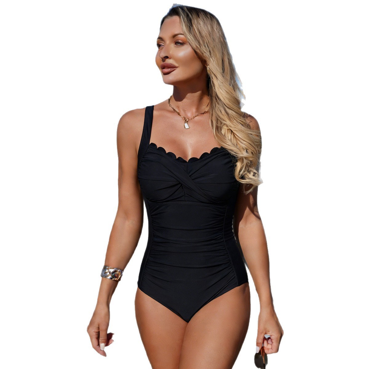 Black Swimsuit Scalloped Neckl - Swimsuit One Piece 评论和价格