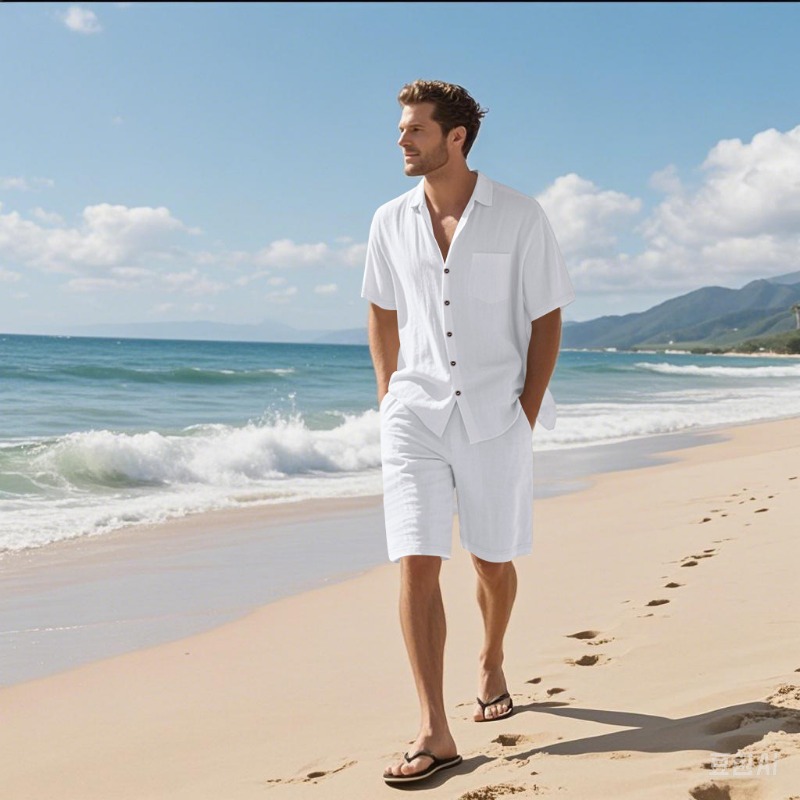 Men Linen Blend Camp Collar Sh - Linen Shorts Men 评论和价格