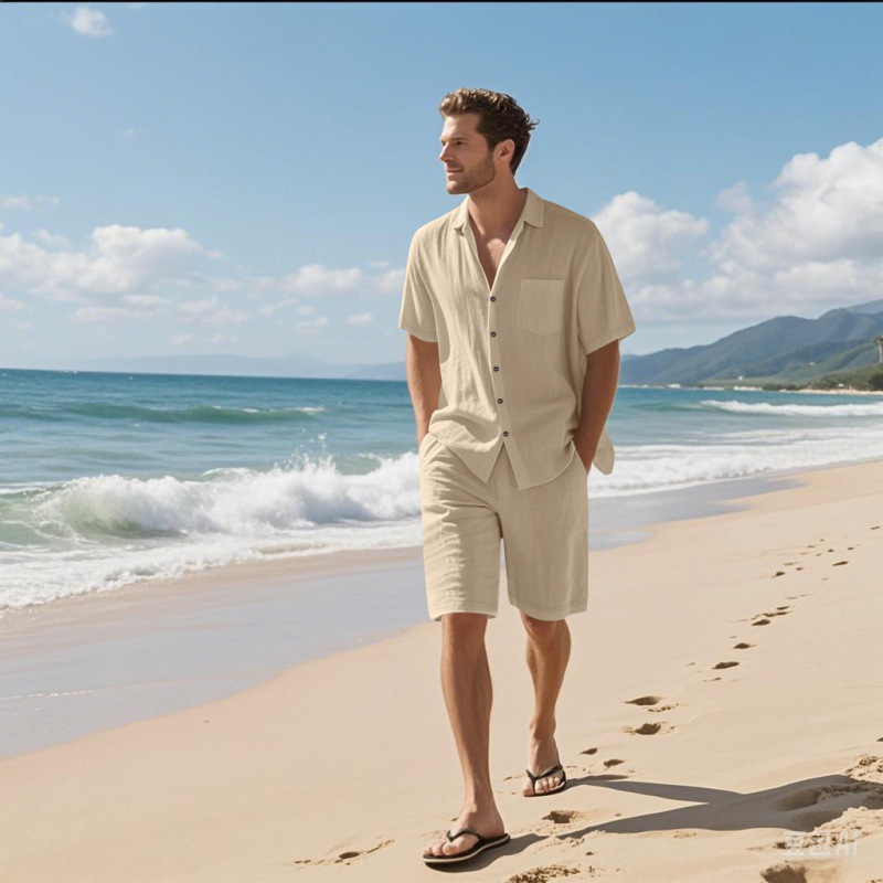 Men Linen Blend Camp Collar Sh - Linen Shorts Men 评论和价格