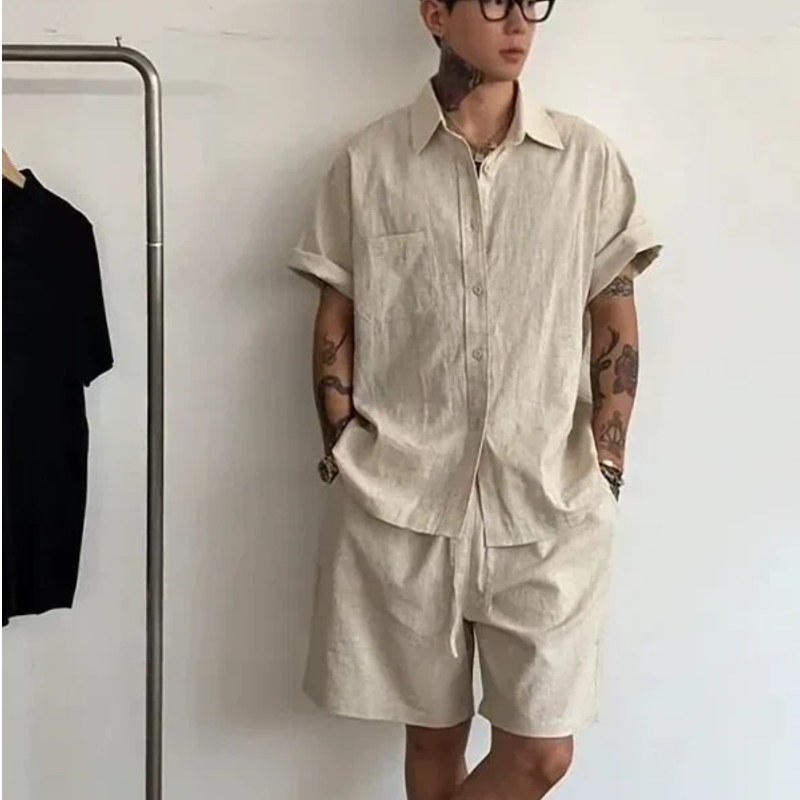Mens Linen Cotton 2 Piece Set  - Linen Shorts Men 评论和价格