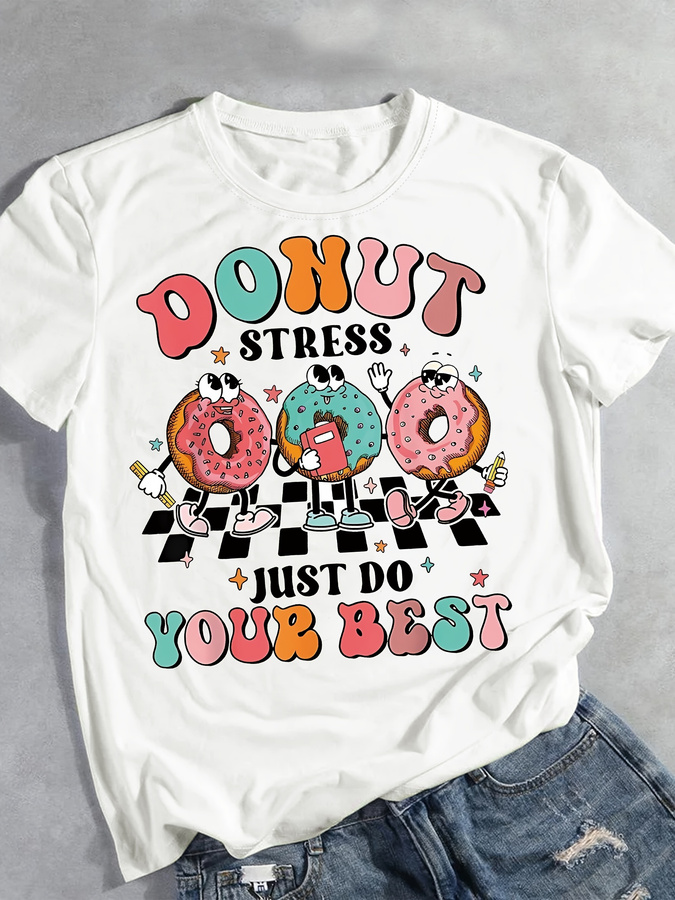 Cartoon Donut Print T-shirt, S - Summer Clothing Trends 2026 评论和价格