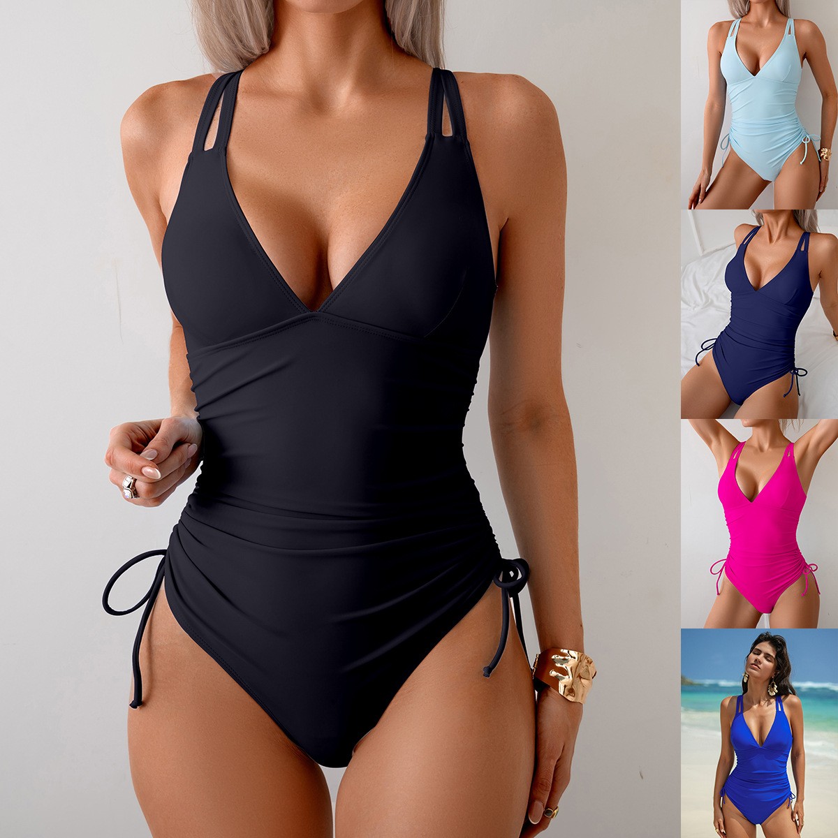 Solid Black Swimsuit V Neck Ru - Swimsuit One Piece 评论和价格