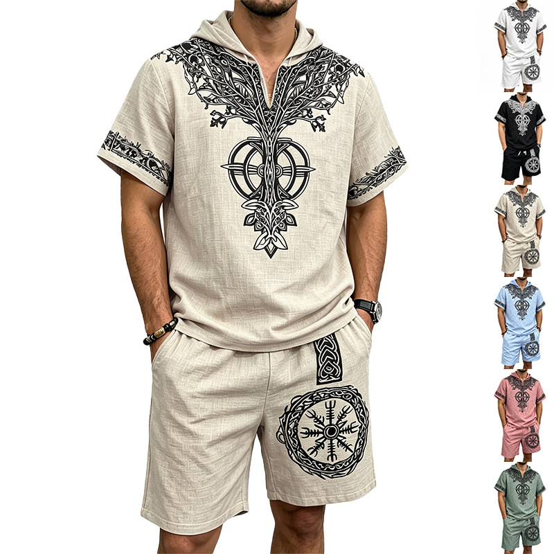 Men Linen Look Viking Tree Pri - Linen Shorts Men 评论和价格