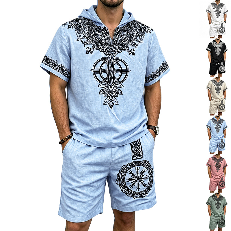 Men Linen Look Viking Tree Pri - Linen Shorts Men 评论和价格