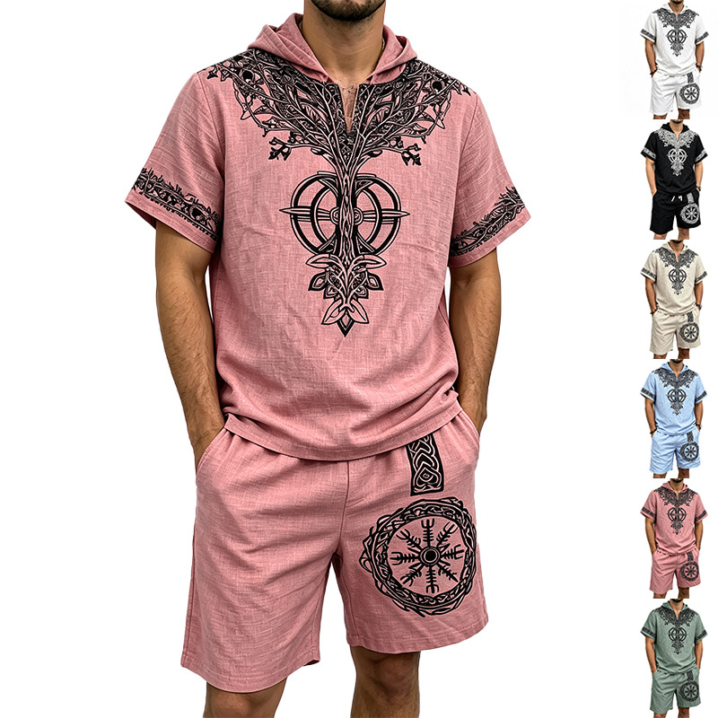 Men Linen Look Viking Tree Pri - Linen Shorts Men 评论和价格