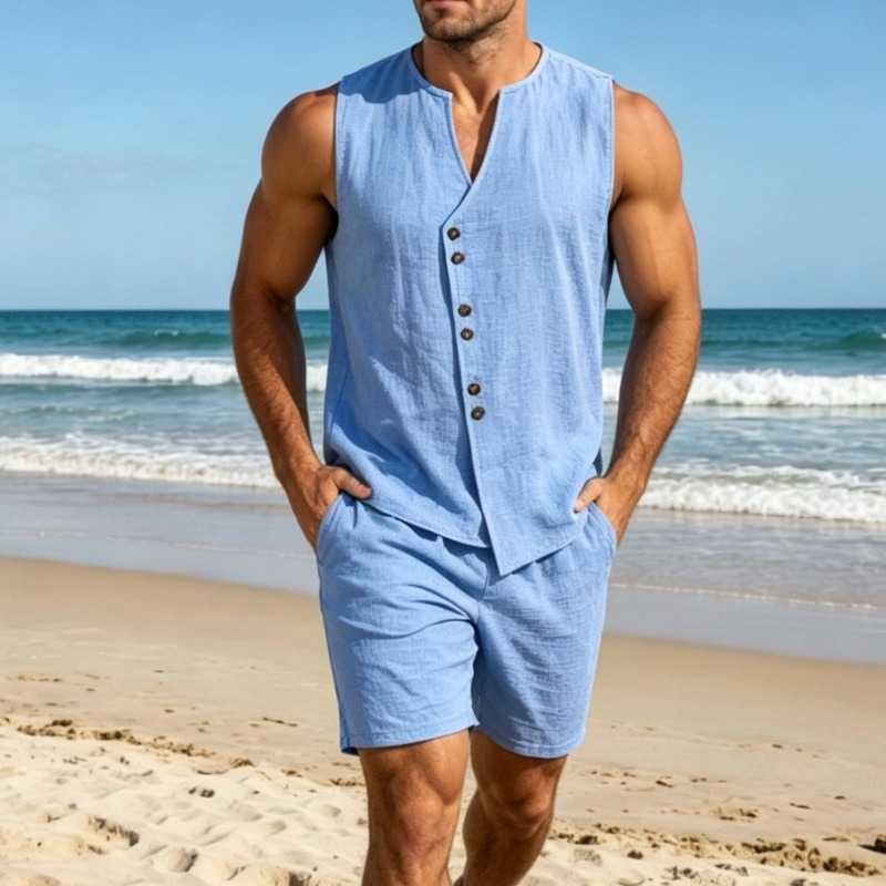 Men Simple Solid Linen Sleevel - Linen Shorts Men 评论和价格